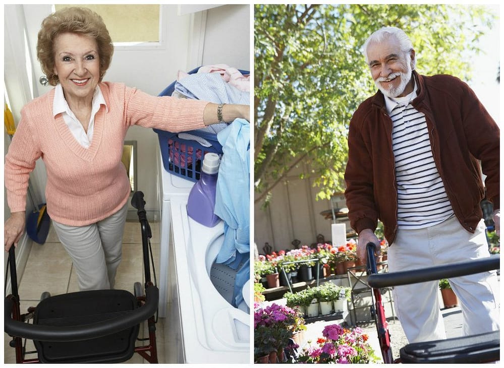elderly man and woman doing chores